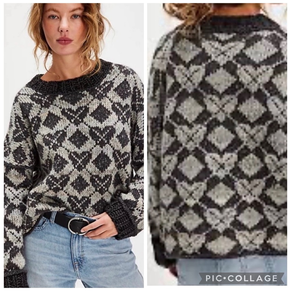 Free People Womens Argyle Heart Intarsia Knit Sweater Gray Black Small Italy
